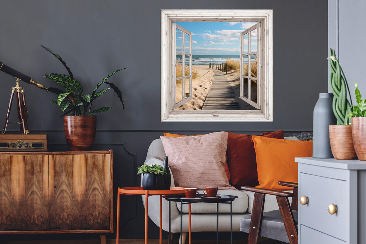 WANDTATTOO Fenster - Meer - Küste - Natur - Ausblick - Strand - Wattenmeer 50x50 cm - Beige, Kunststoff (50/50/0.1cm) - MuchoWow