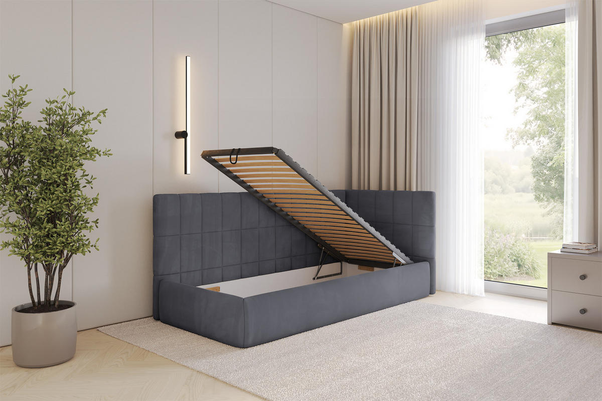 EINZELLBETT Jugendbett mit Bettkasten, Links - TULY 90x200 Dunkelgrau - Dunkelgrau, Holzwerkstoff/Textil (90/200cm) - ALTDECOR