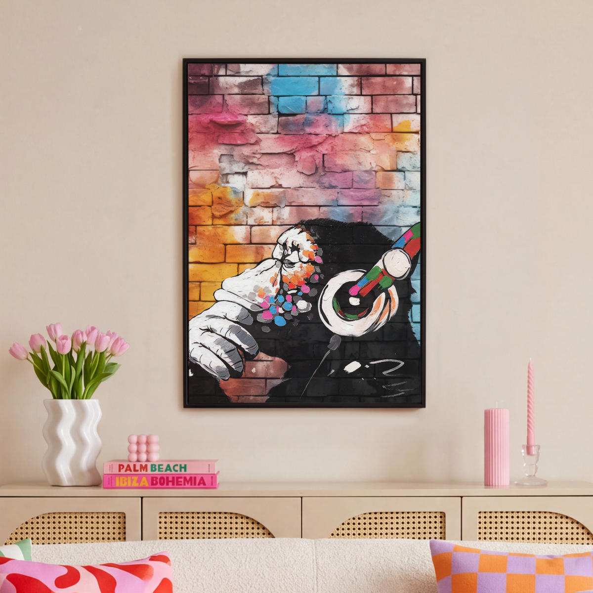 LEINWAND Bilder mit Rahmen - Affe - Graffiti - Musik - 60x90 - Multicolor, Textil (60/90cm) - MuchoWow