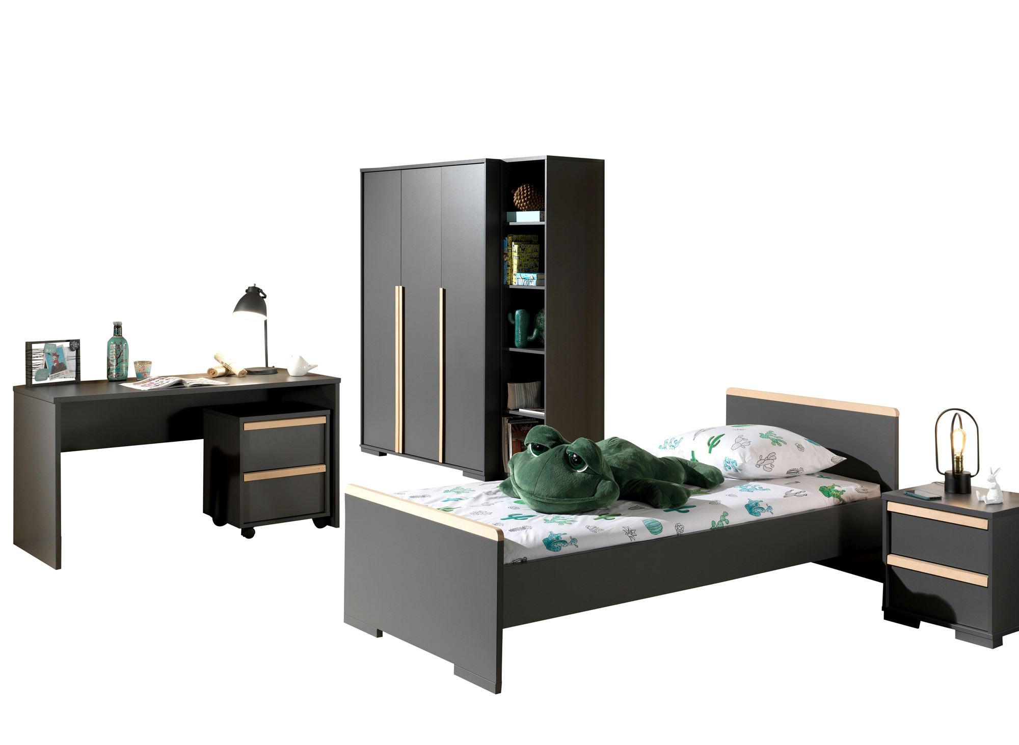 KINDERZIMMER komplett Set 6-tlg. Kariotta 22 Anthrazit Griffe Massivholz - Anthrazit, Holzwerkstoff (635/1/347cm) - 58aufmkessel