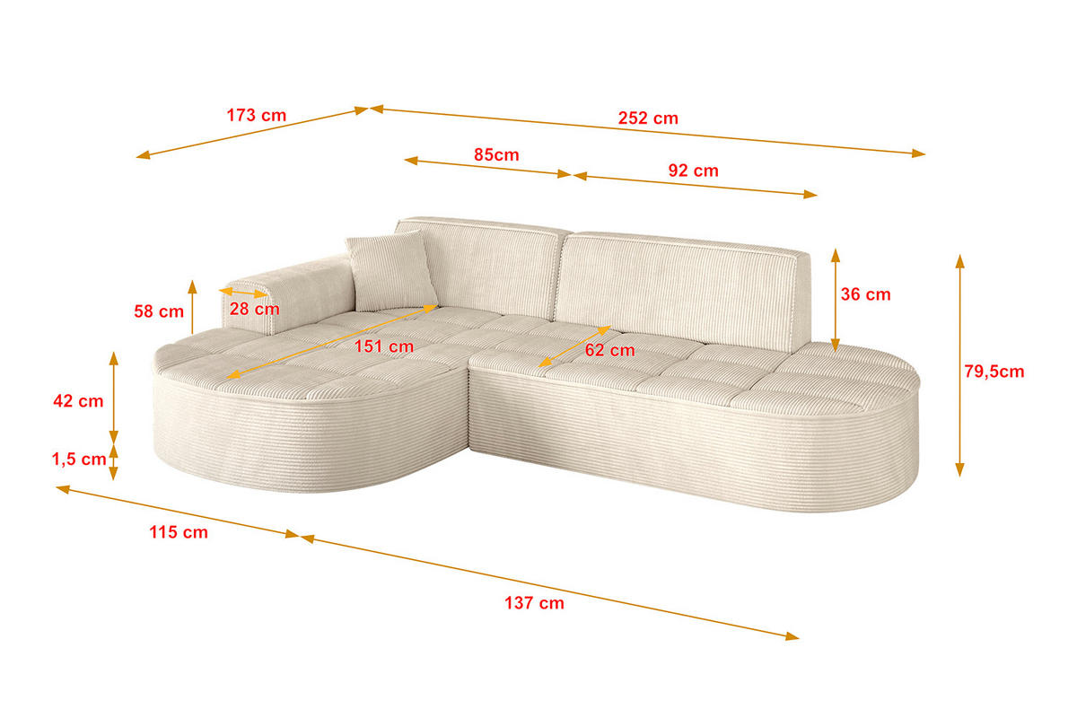 ECKSOFA Ottomane Links LIVO-L1 - 252x173x79,5 cm Beige - Beige, Holzwerkstoff/Textil (252/173cm) - ALTDECOR