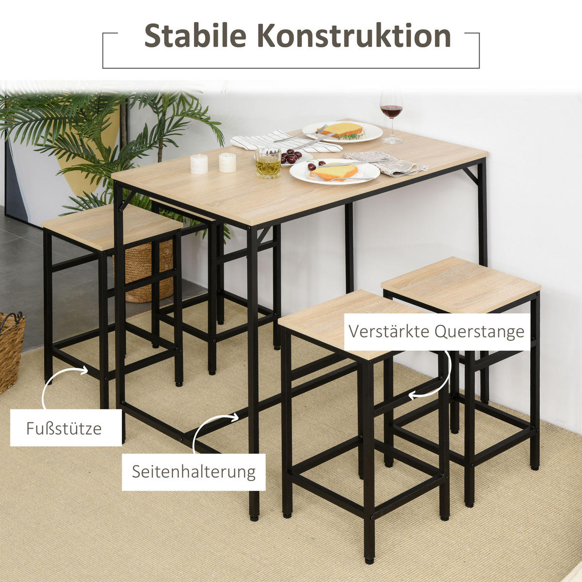 BARTISCH-SET, Spanplatte, Stahl, Eiche - Eichefarben, Kunststoff (60/88/100cm) - HOMCOM