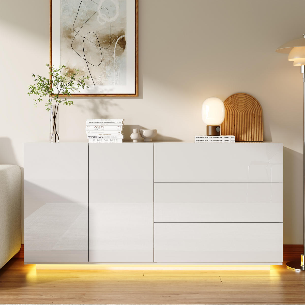 SIDEBOARD 160x35x76 cm, LED, 2 Türen, für Küche und Wohnraum, Weiß - Weiß, Holz (160/76/35cm)