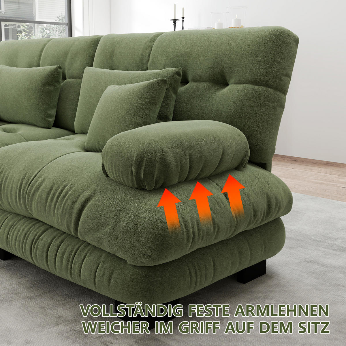 ECKSOFA 220/77/81 cm grün aus Chenille mit modularem Design und Kissen - Grün, Textil (77/220cm) - OKWISH