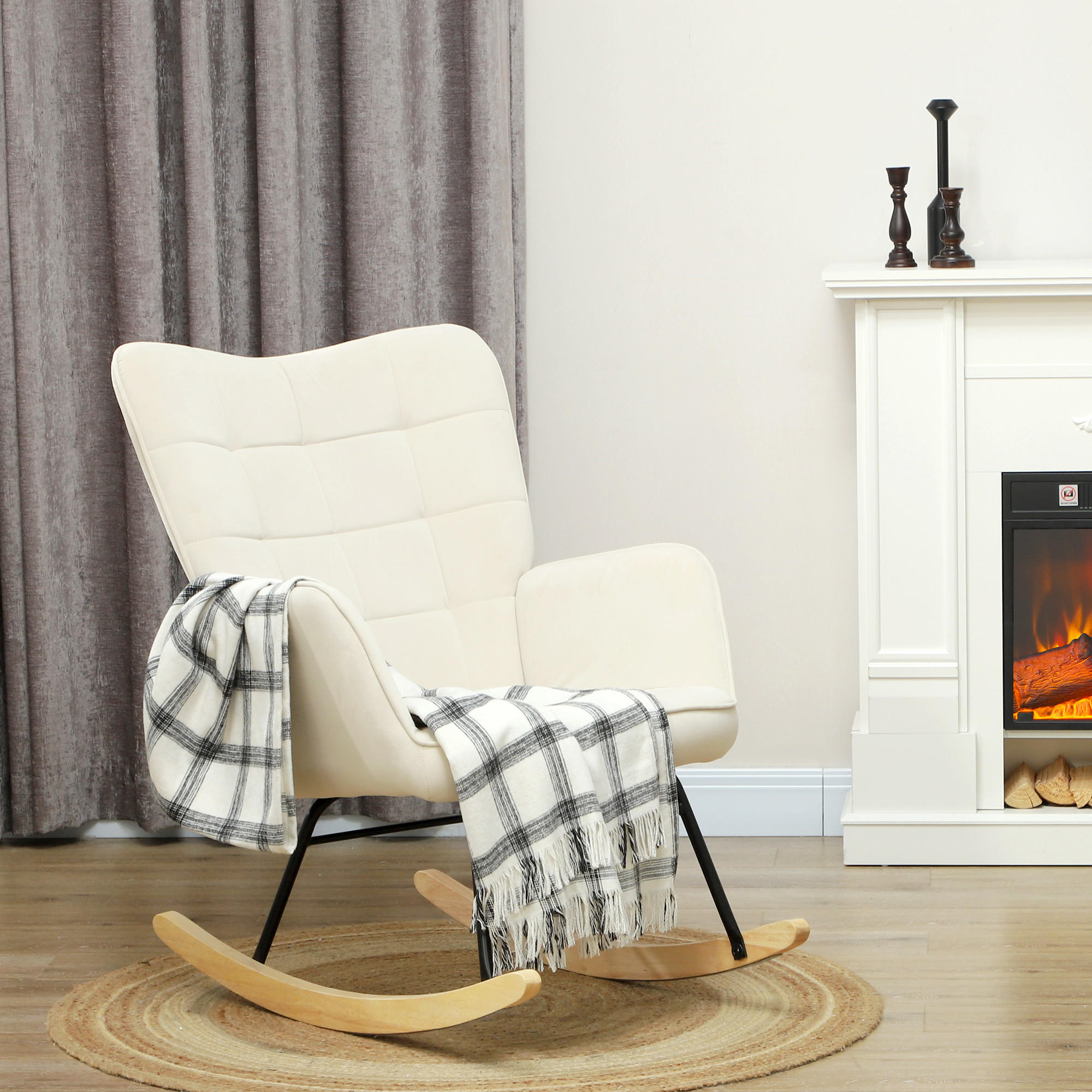 SCHAUKELSTUHL, Schaukelsessel mit Samtoptik, Armlehne für Wohnzimmer, Beige - Beige, Holzwerkstoff/Kunststoff (98/101/71cm) - HOMCOM
