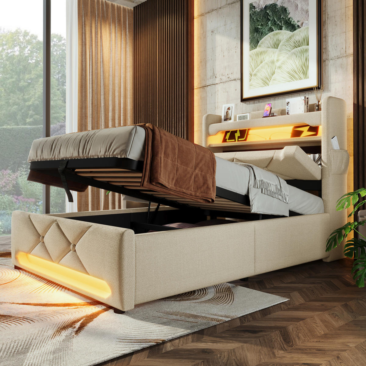 POLSTERBETT 90/200 cm Beige aus Leinen mit LED und Stauraum - Beige, Textil (90/200cm) - OKMYHOME
