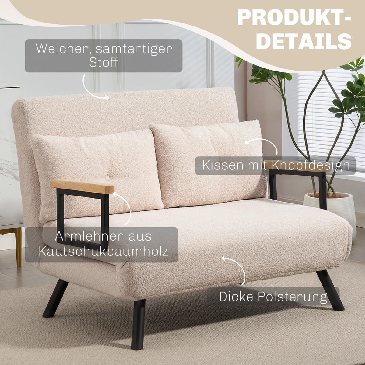 SCHLAFSOFA, Zweisitzer mit Bettfunktion, Schlafcouch mit Samtoptik, Rückenkissen - Beige/Schwarz, Holz/Textil (73/81/102cm) - HOMCOM