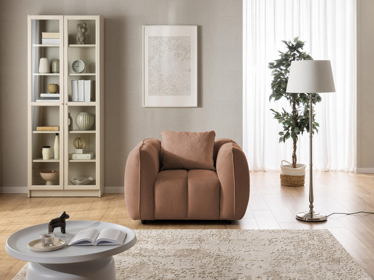 SESSEL Nubira in tief gesteppter Bubble-Optik aus weichem Terrakotta Strukturstoff im modernen Design - Terracotta/Schwarz, Holz/Kunststoff (115/69/89cm) - S-Style Möbel