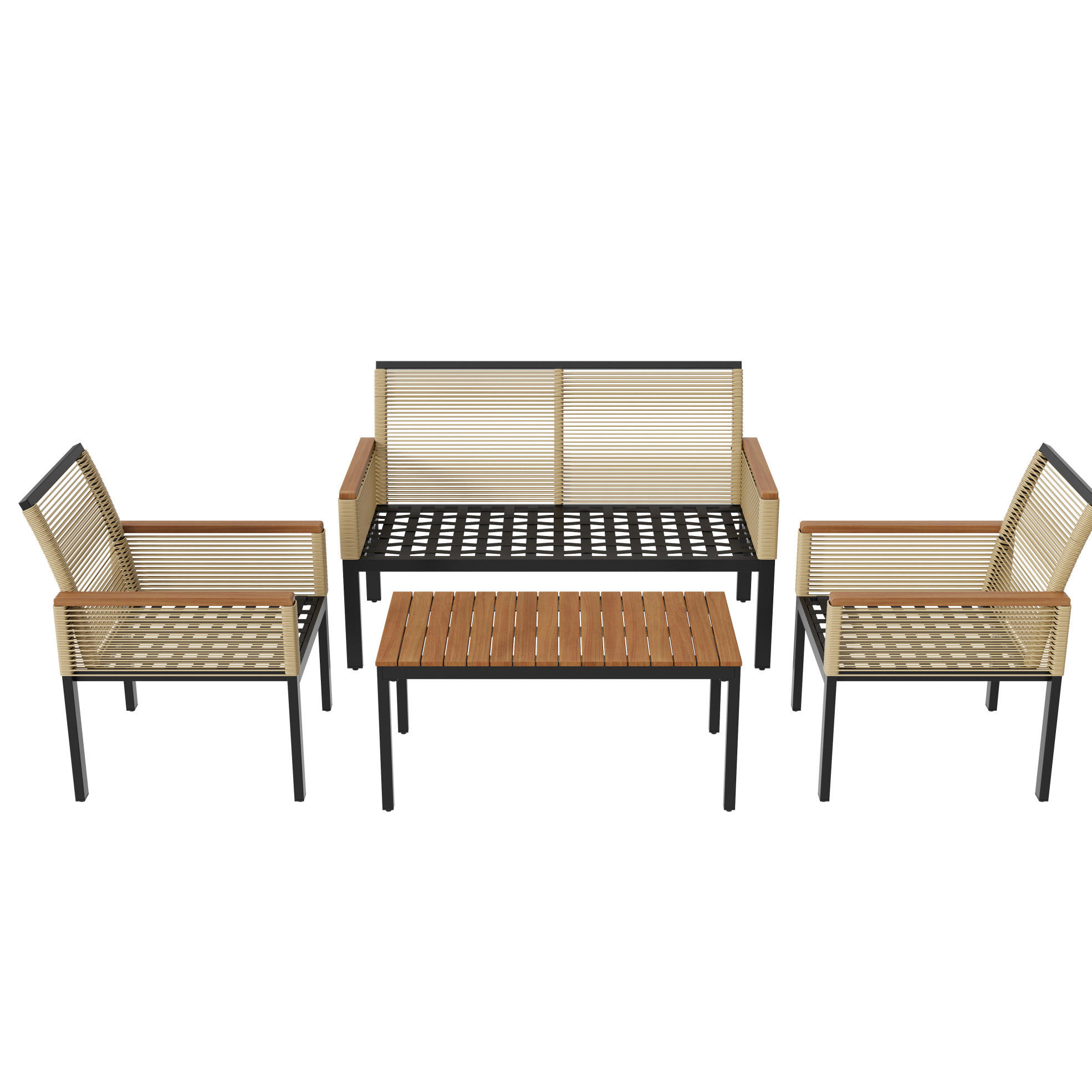 GARTENLOUNGE-SET mit 2 Sesseln, Doppelsofa und Tisch aus Polyrattan mit Akazienholz, Beige - Beige, Metall - Redom