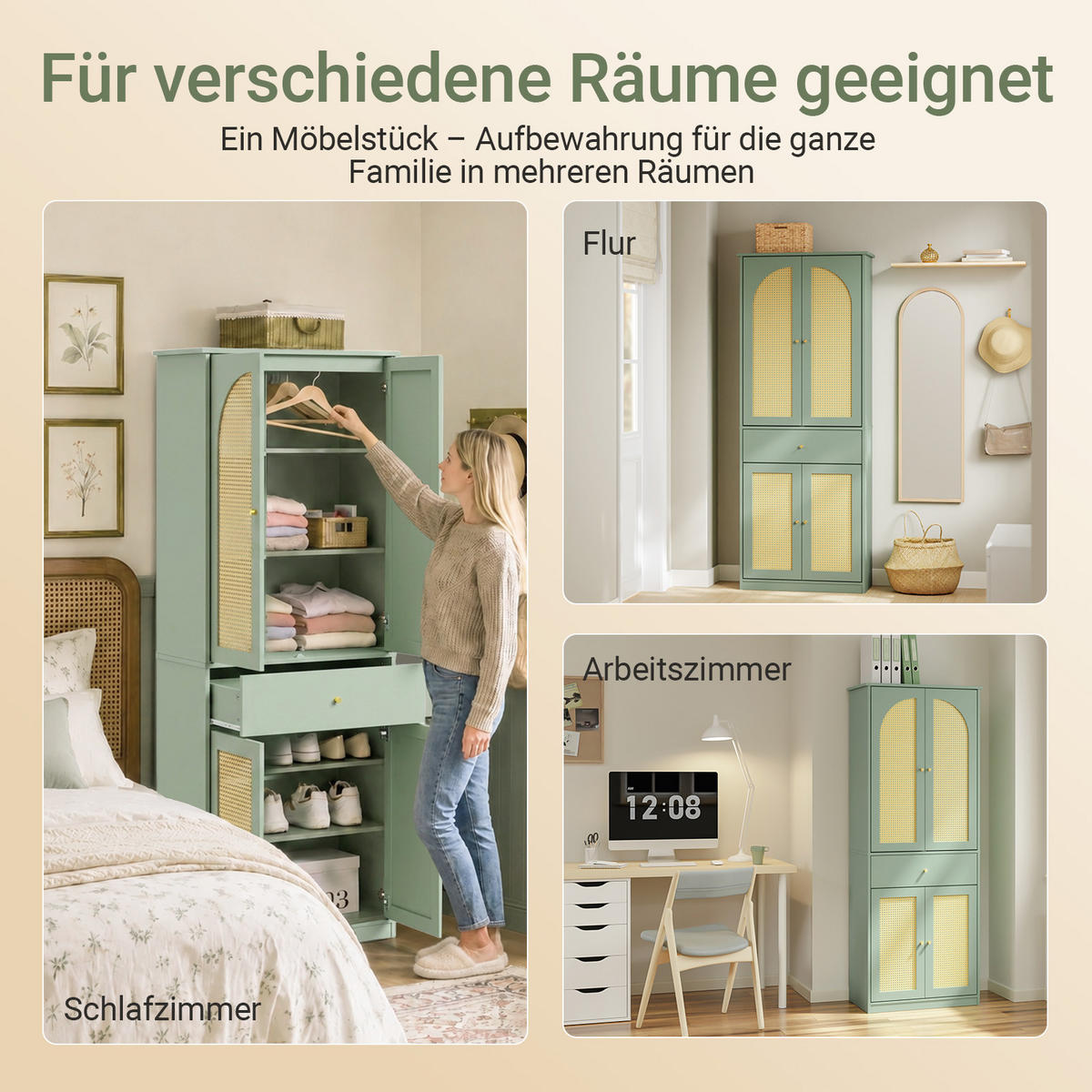 KLEIDERSCHRANK mit 4 Türen, 1 Schublade und 5 verstellbaren Böden, 70x34x180 cm - Grün, Holzwerkstoff (70/180/34cm) - SoBuy