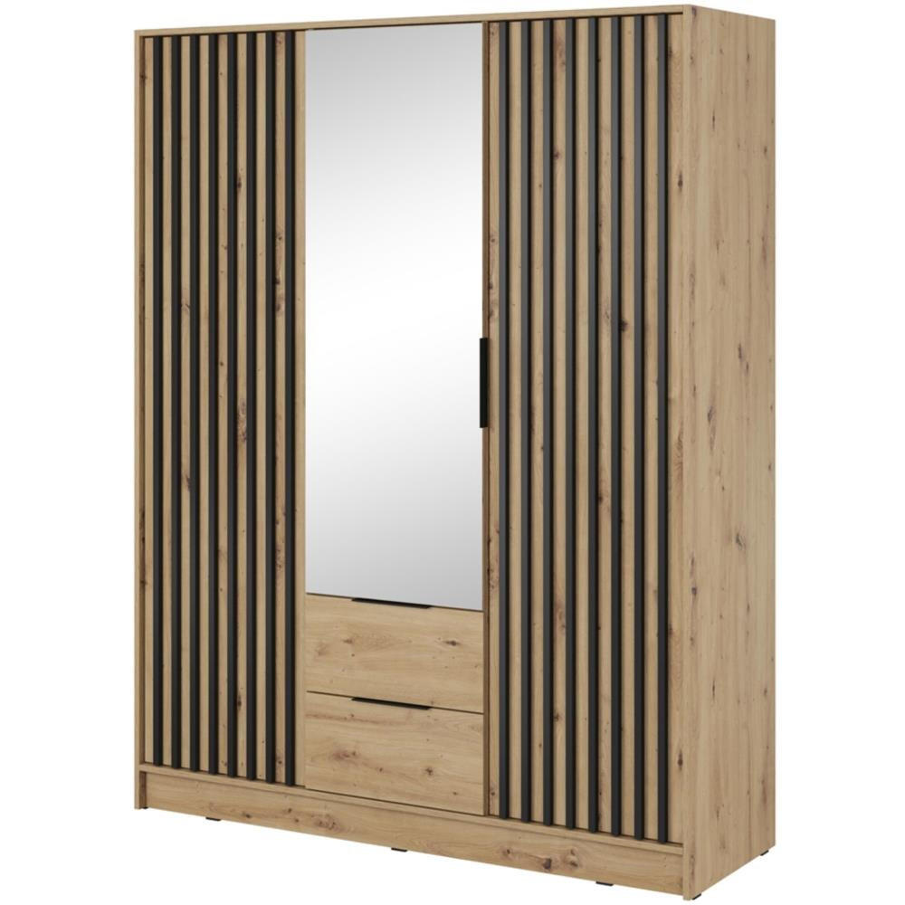 DREHTÜRENSCHRANK Kelly 155/200/51 3-türig eiche artisan mit Spiegel - Schwarz/Eiche Artisan, Holzwerkstoff/Kunststoff (155/200/51cm) - Beautysofa