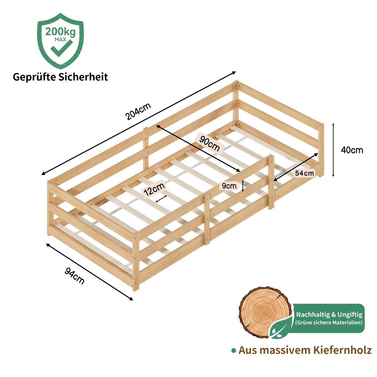 KINDERBETT 90/200 cm in Natur - Naturfarben, Holz/Holzwerkstoff (90/200cm) - WISHDOR