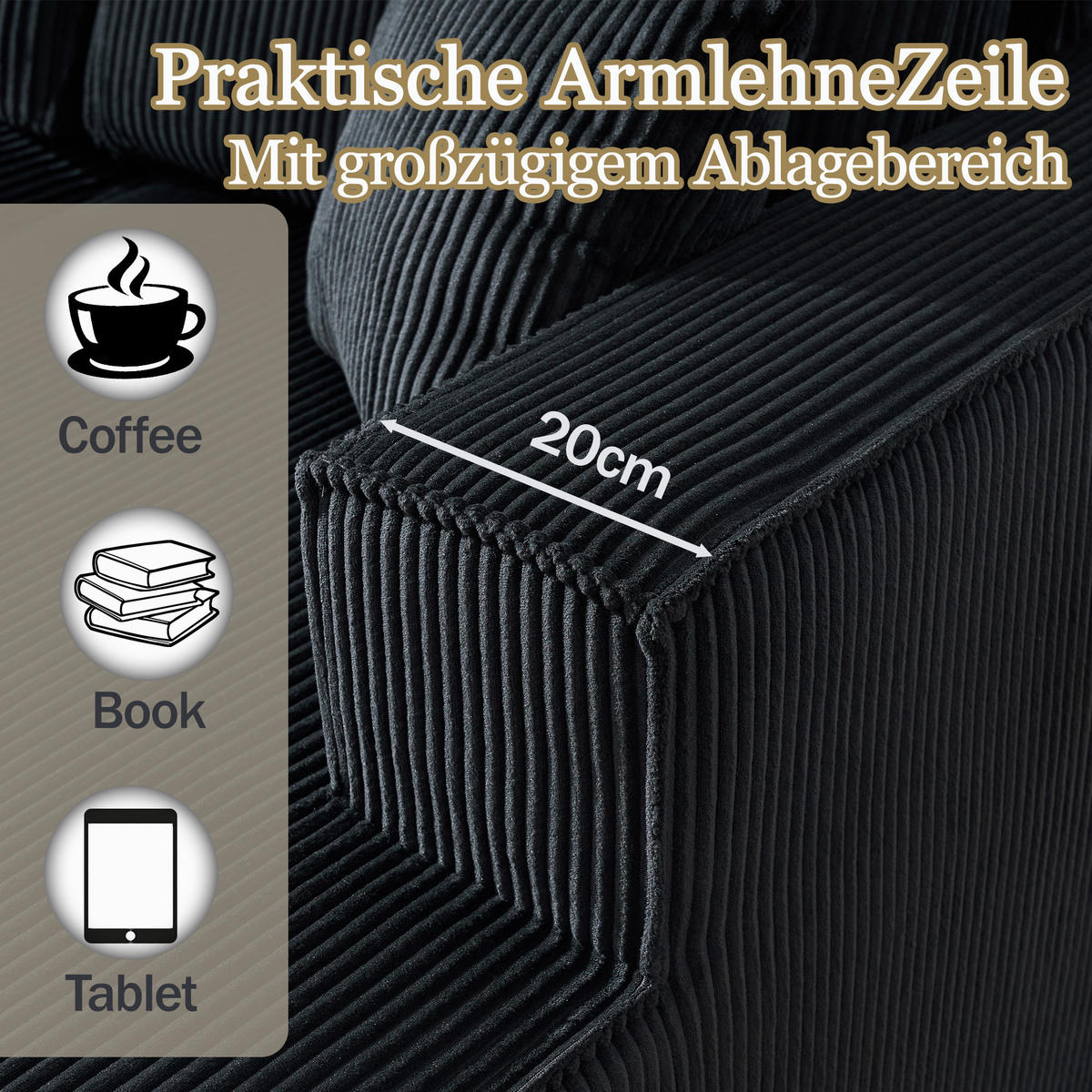 ECKSOFA Cord Schwarz mit 2 Kissen - Schwarz, Textil (235/128cm) - WISHDOR