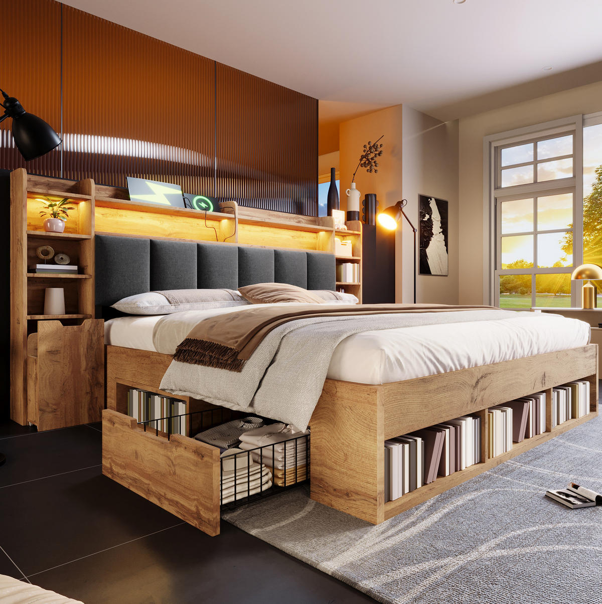 POLSTERBETT 180/200 cm Eichefarben mit LED-Beleuchtung,Anschlüssen, Stauraum und Rollschubladen - Naturfarben, Holz (180/200cm) - OKMYHOME