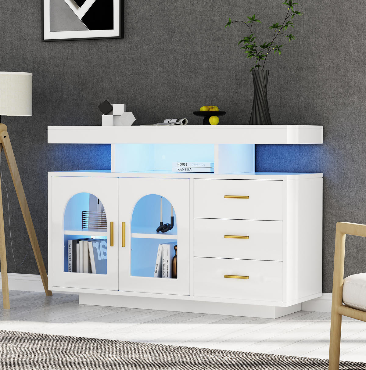 SIDEBOARD 120/40/80 cm Weiß aus Spanplatte mit LED-Beleuchtung - Weiß, Holzwerkstoff (40/80/120cm) - OKMYHOME