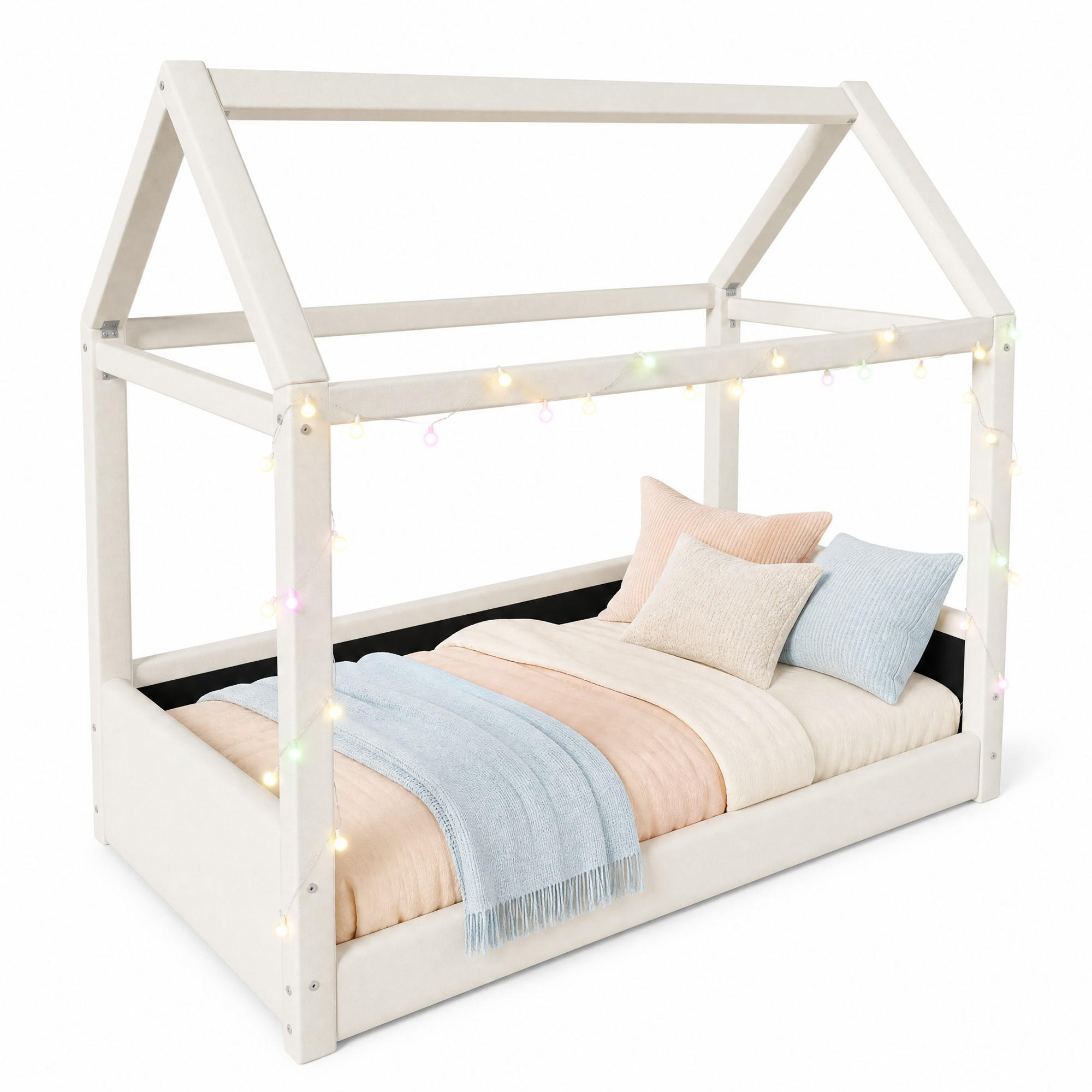 KINDERBETT 90/200 mit Hausdesign und Massivholzrahmen in Beige - Beige, Holzwerkstoff (90/200cm) - EVRYAE