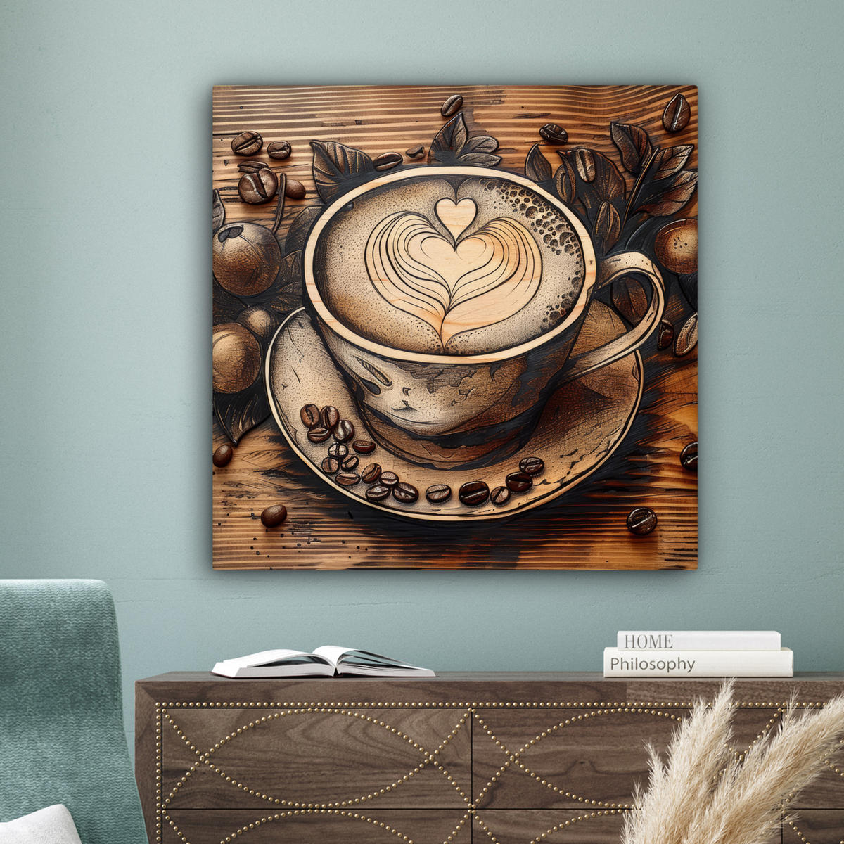 LEINWANDBILD Kaffee - Vintage - Braun - Tasse - Holz 90x90 cm - Braun, Textil (90/90cm) - MuchoWow