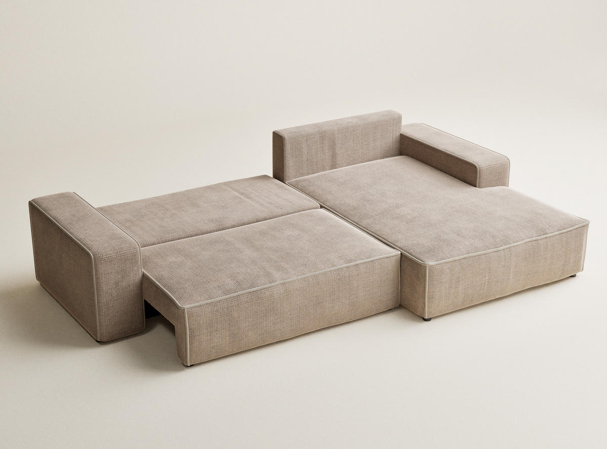 ECKSOFA MIT SCHLAFFUNKTION Modo Creme Chenille-Stoff - Rechts Seite - Beige/Schwarz, Holz/Holzwerkstoff (294/185cm) - Maison de Reve