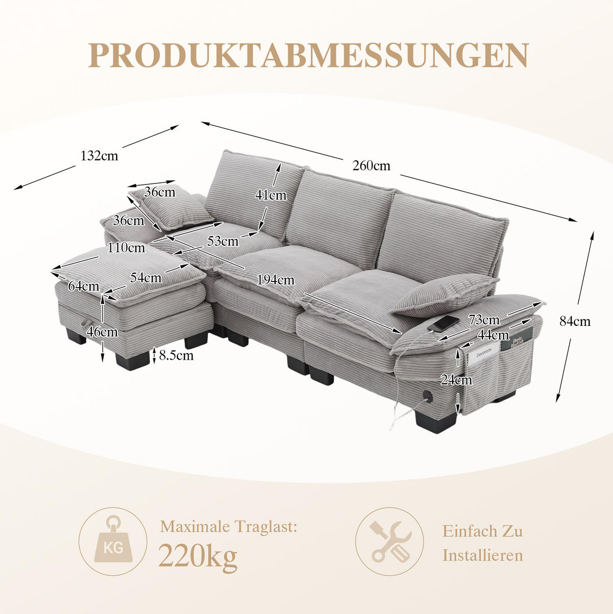 ECKSOFA 260/132/84 cm hellgrau aus Cord mit Hocker und USB-C - Hellgrau, Textil (132/260cm) - OKWISH