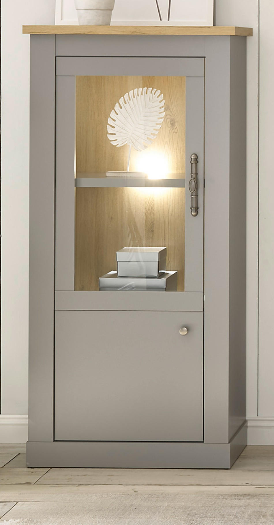 VITRINE grau, Artisan Eiche Landhaus 68 cm, Vitrinenschrank 2-türig - Silberfarben/Hellgrau, Glas/Holzwerkstoff (68/142/37cm) - Furn.Design