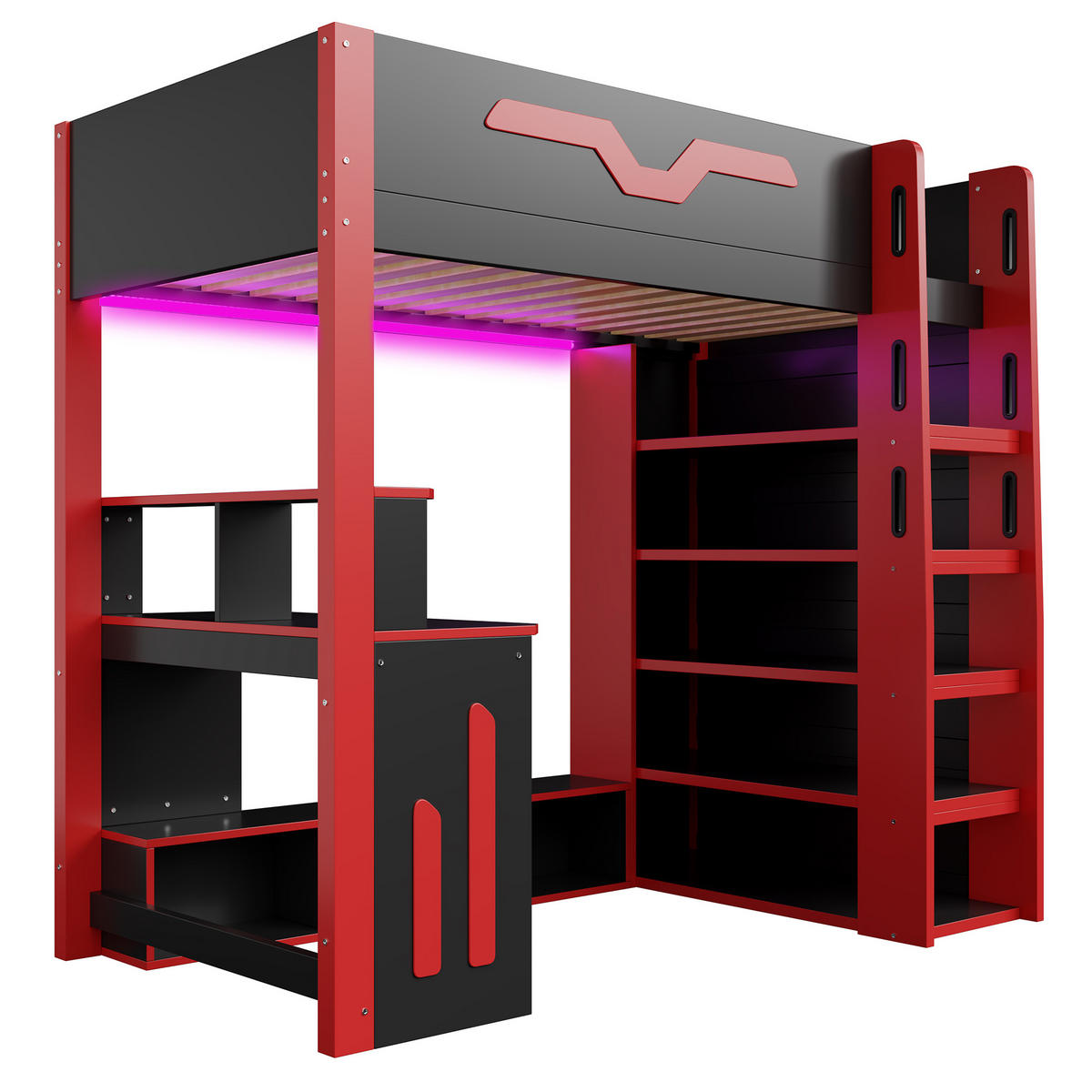 HOCHBETT 90/200 cm in Schwarz & Rot mit Schreibtisch, Regal, Stauraum und LED - Rot/Schwarz, Holzwerkstoff (90/200cm) - STILVORA
