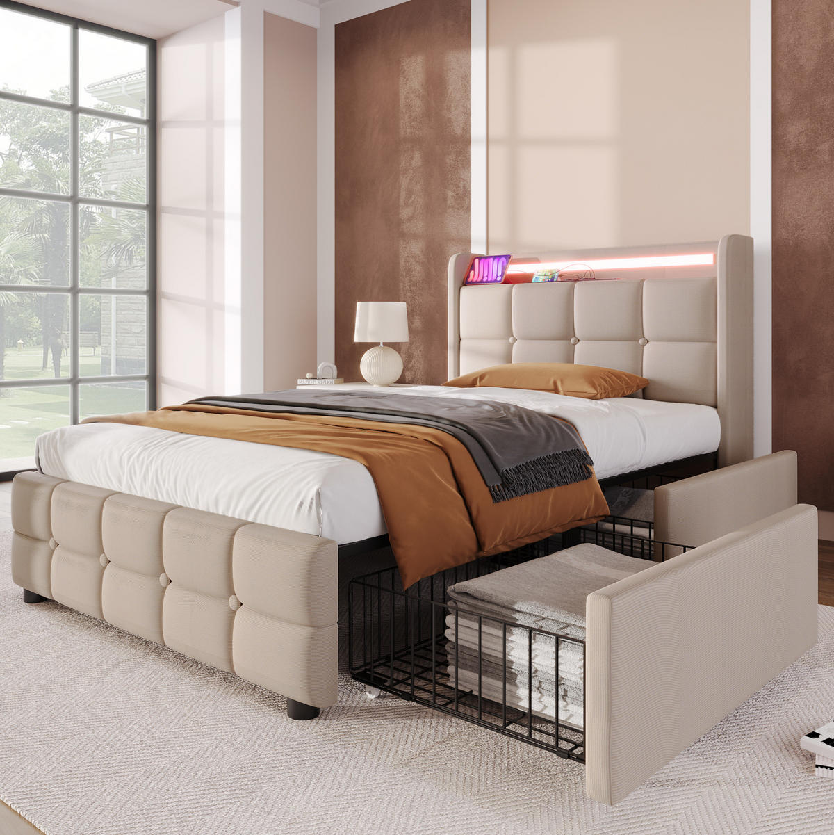 POLSTERBETT 90/200 cm Beige aus Holz mit LED, USB und 2 Schubladen - Beige, Holzwerkstoff (90/200cm) - OKWISH