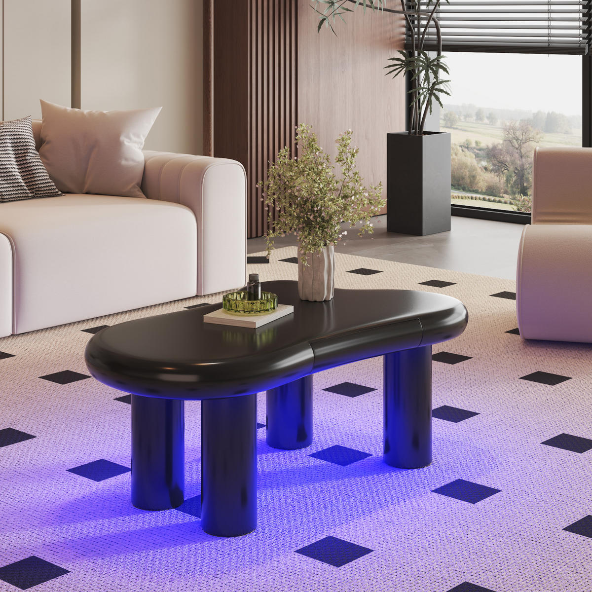 COUCHTISCH Schwarz in Wolkenform mit LED und Schubladen - Schwarz, Metall (98/65/40cm)