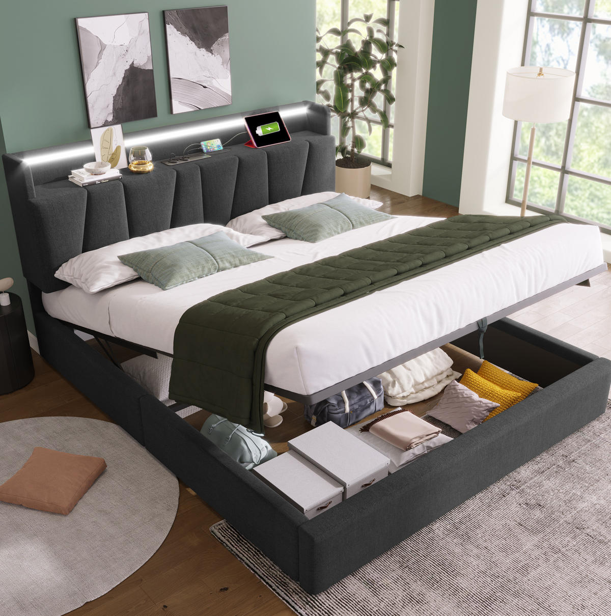 POLSTERBETT 160/200 cm mit Stauraum-Kopfteil, Steckdosen & USB/Type-C, RGBW LED, grau - Grau, Textil (160/200cm) - Redom