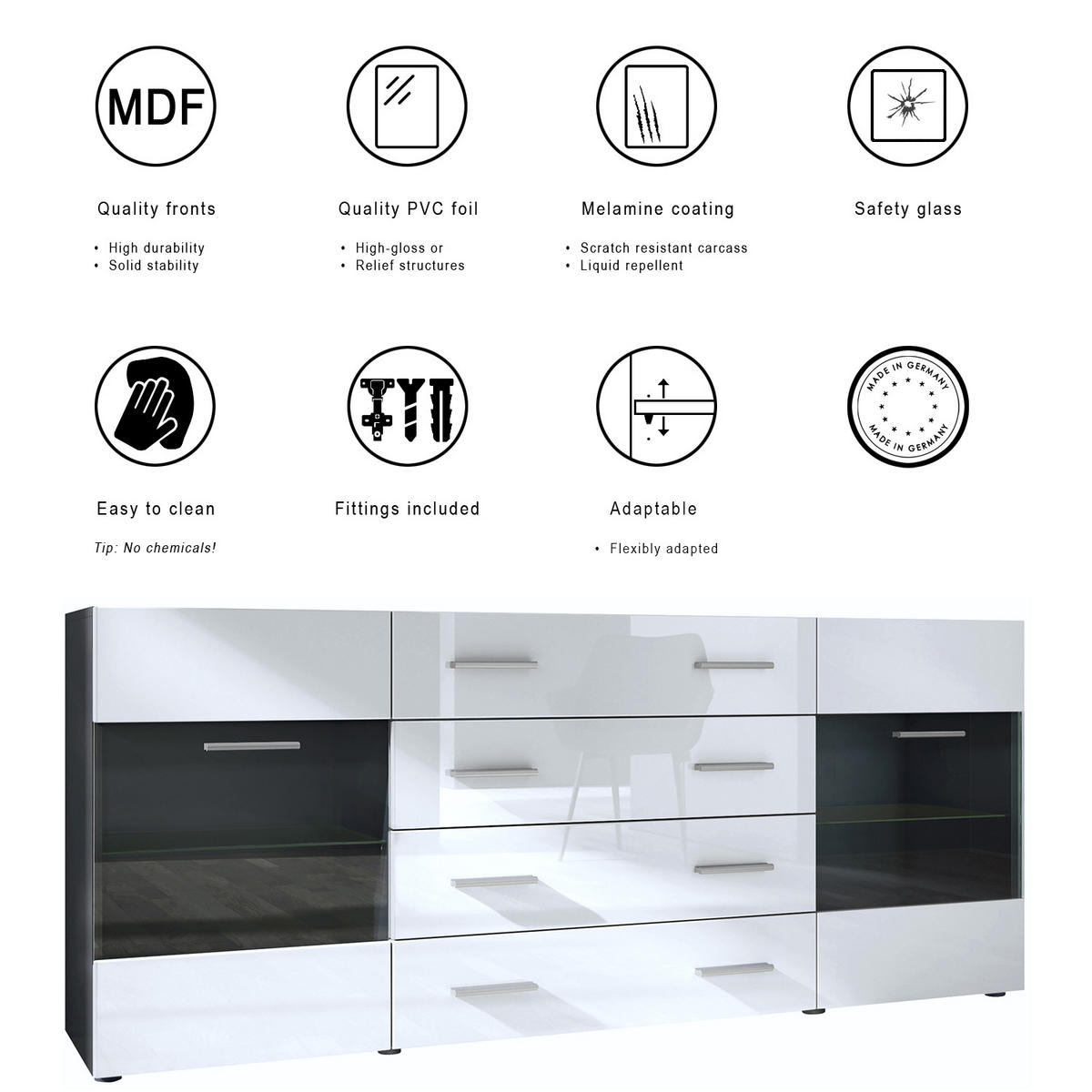 SIDEBOARD Carlos Schwarz Hochglanz - Schwarz Hochglanz, Holzwerkstoff (166/72/35cm) - Vladon