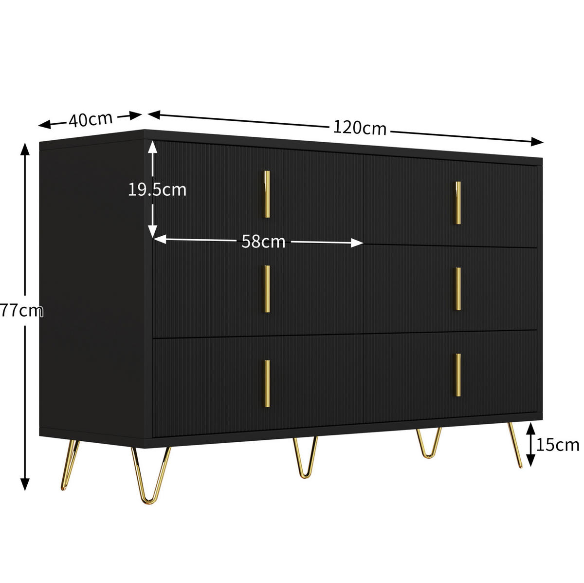 KOMMODE 120/40/77 cm in Schwarz/Gold mit 6 Schubladen - Schwarz, Holzwerkstoff (120/77/40cm) - Flora Grace