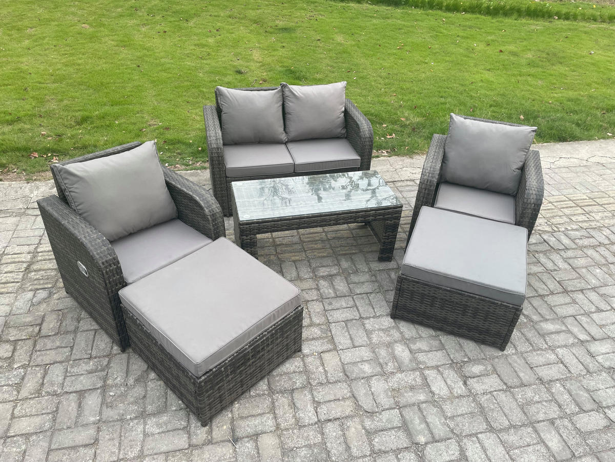 GARTENMÖBEL SET mit Sofa Polyrattan 6-Sitzer Dunkelgrau - Dunkelgrau/Grau, Glas/Kunststoff - Fimous
