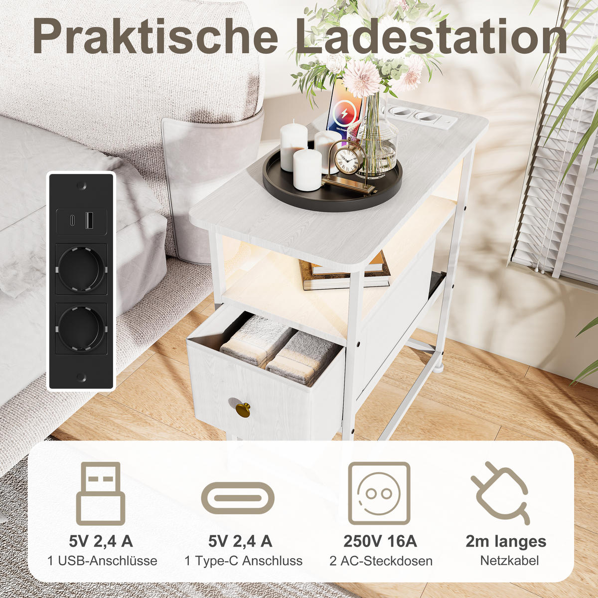 BEISTELLTISCH Weiß LED USB 1 Schublade - Weiß, Metall (60/30/62cm) - SHOPENTRA
