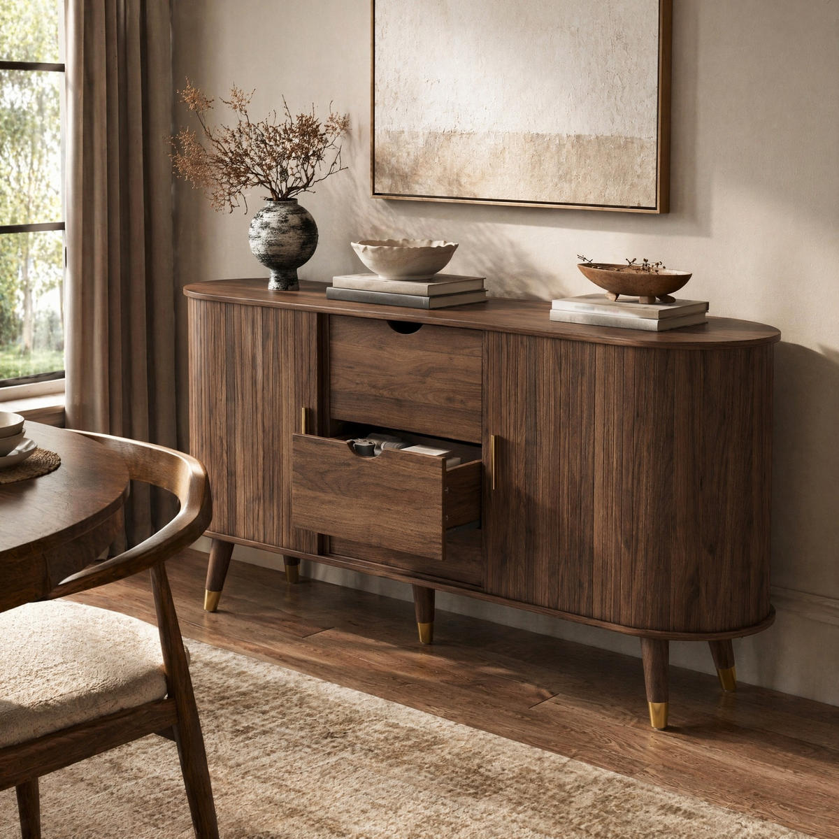 SIDEBOARD in Nussbaumfarben Kommode mit vertikaler Maserung, 2 Schiebetüren und 2 Schubladen , B140/T40/H79.5cm - Nussbaumfarben, Holzwerkstoff/Metall (140/79.5/40cm) - STILVORA