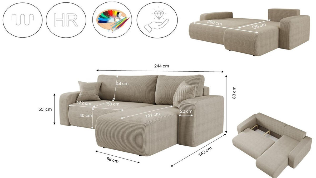ECKSOFA L-FORM Schlaffunktion Und Bettkasten Eckcouch MILANO L Stoff Dicker Cord Dunkelbeige Rechts - Cappuccino, Holz/Textil (244/142cm) - Kaiser Möbel