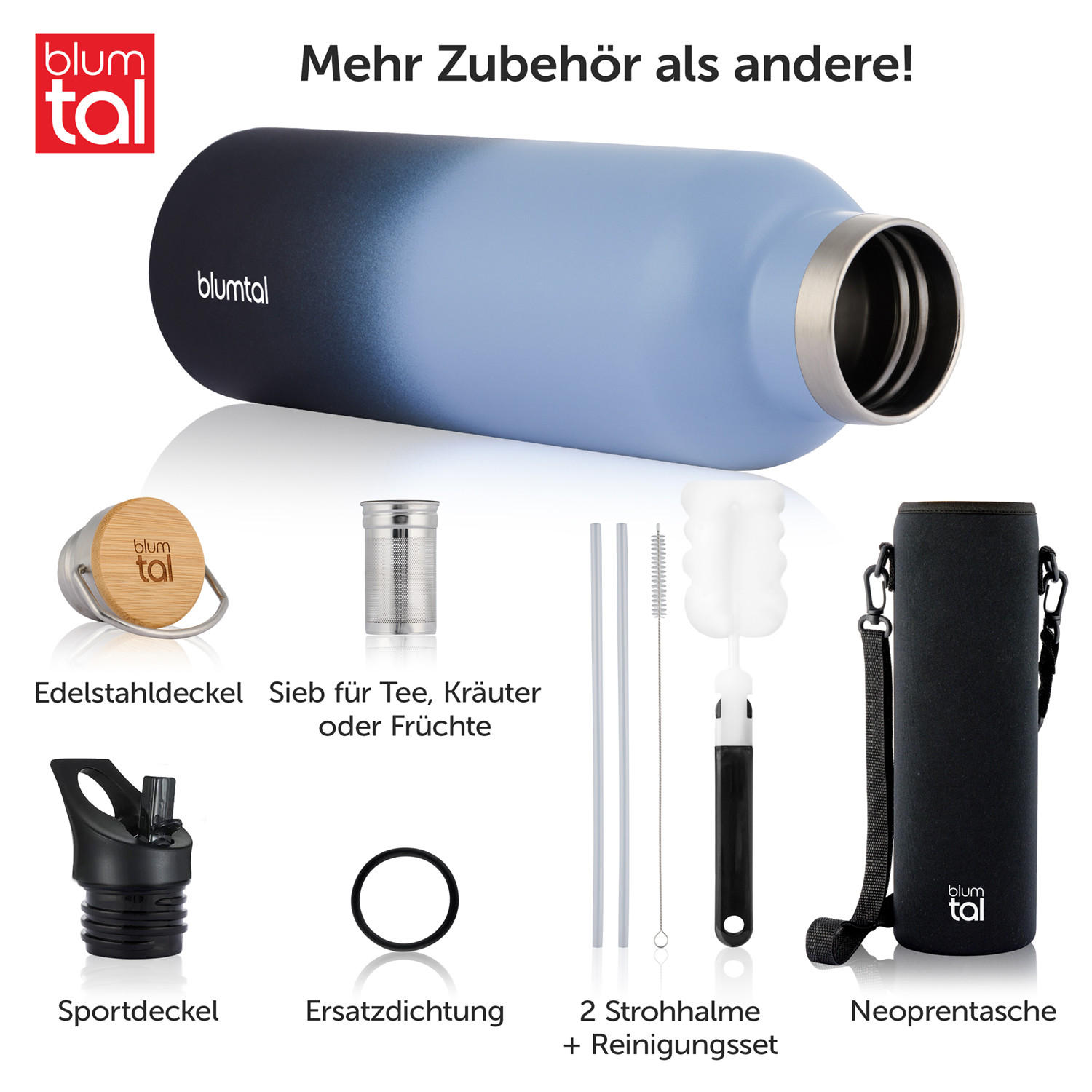 TRINKFLASCHE Leni 1000 ml, inkl. Teesieb und Sportdeckel - Schwarz Hochglanz, Metall (1L) - Blumtal