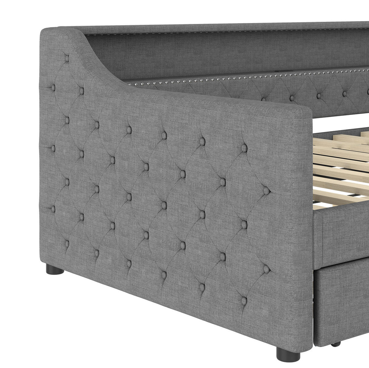 POLSTERBETT 90/200 cm Grau aus Leinen und MDF mit Ausziehbett, LED-Beleuchtung und USB-Ladeanschluss - Grau, Textil (90/200cm) - OKMYHOME