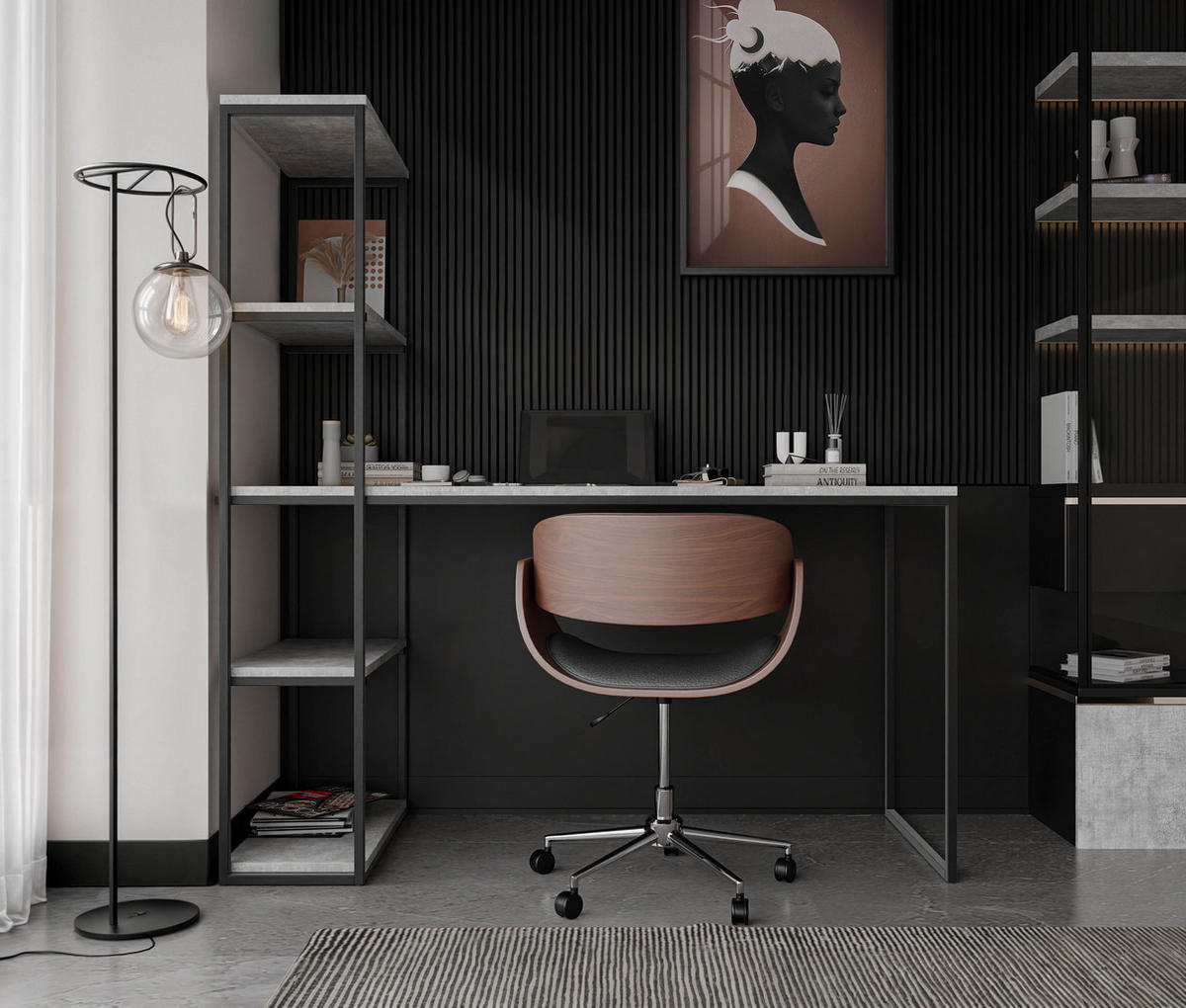 SCHREIBTISCH mit Seitenregal, Bellato Grau - Schwarz/Grau, Holzwerkstoff (152/60/160cm) - Idohome
