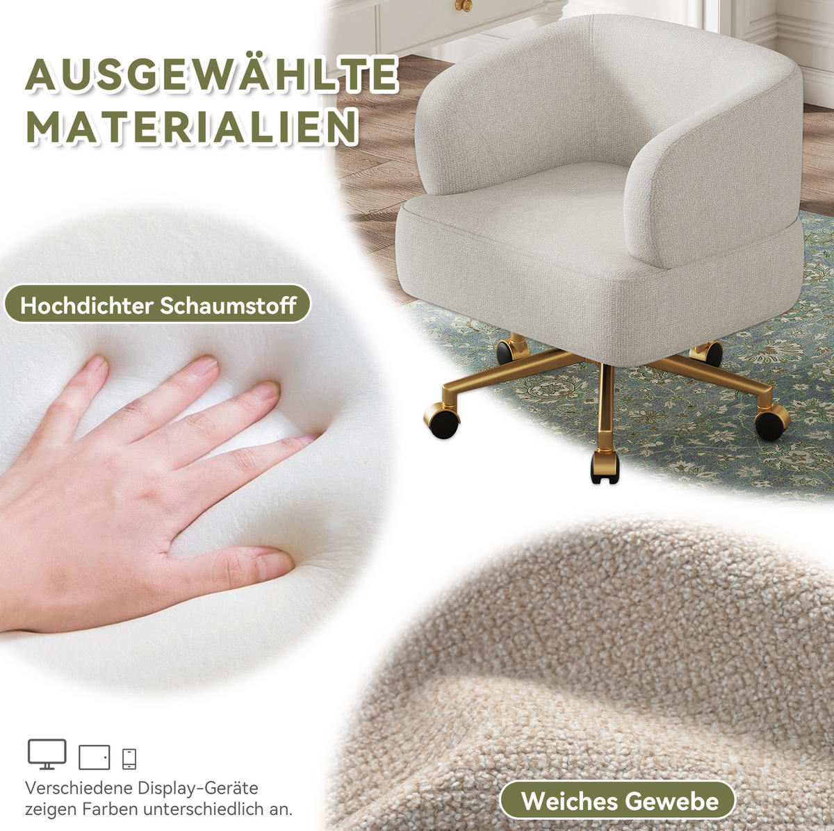DREHSTUHL Chenille mit 360°-Drehung, Rollen 71/60/71 cm Beige - Beige, Textil (60/71/71cm) - Redom