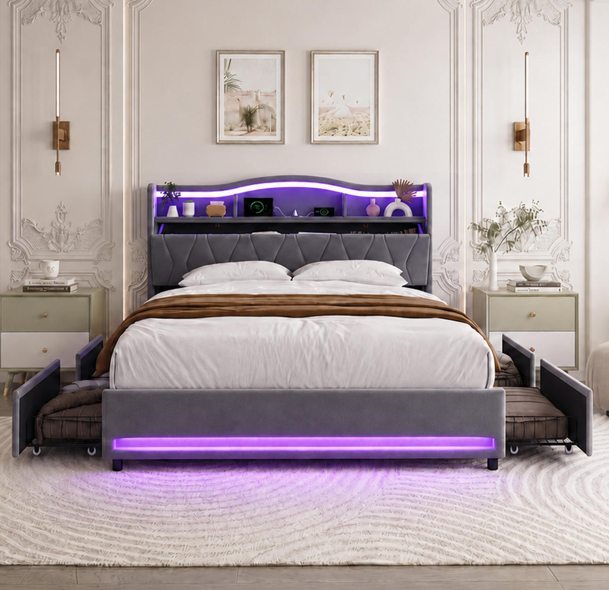 POLSTERBETT 140x200 cm Grau mit LED, USB-C, 4 Schubladen - Grau, Holz (140/200cm)