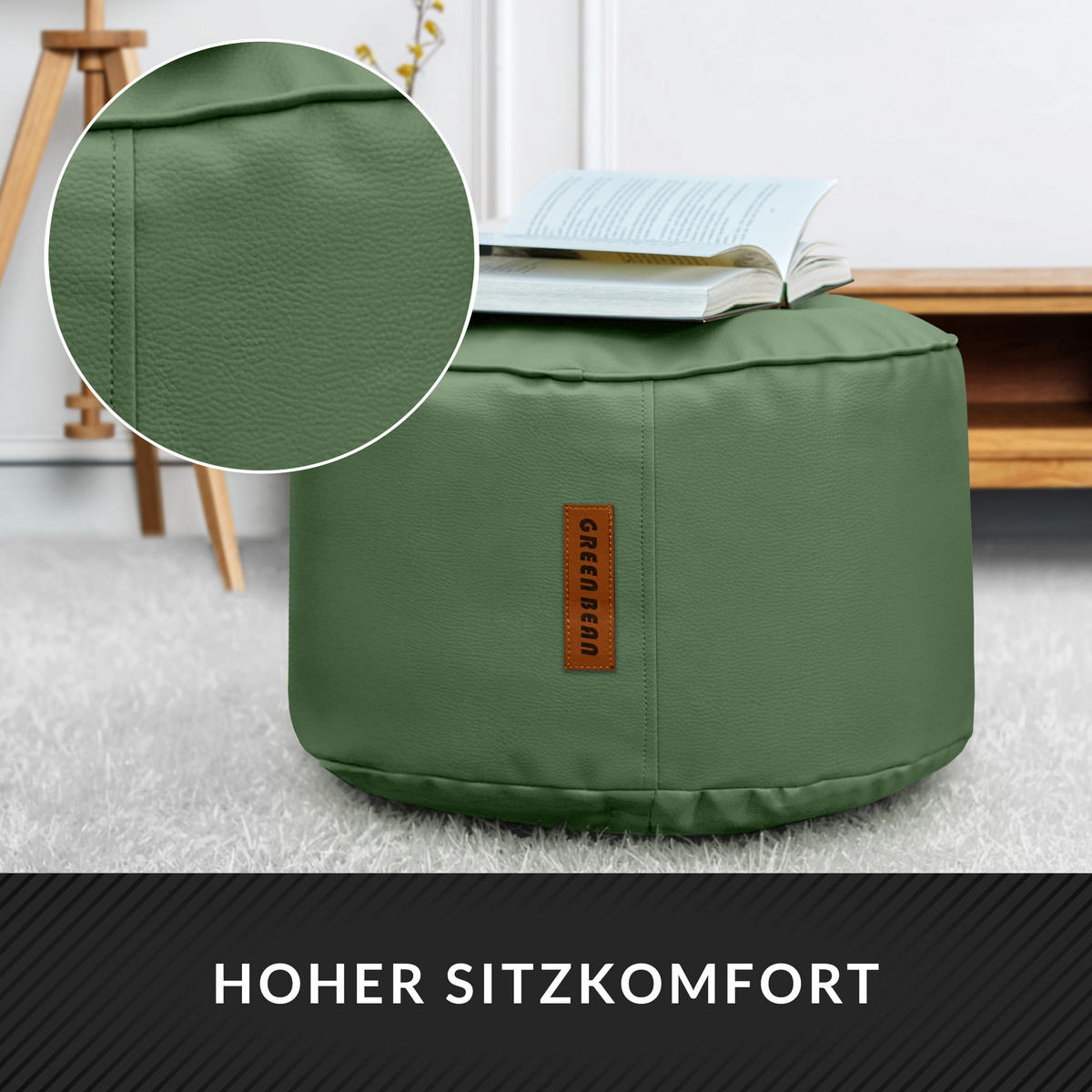 INDOOR HOCKER Stay rund Kunstleder - Hellgrün, Textil (43/30/30cm) - Green Bean