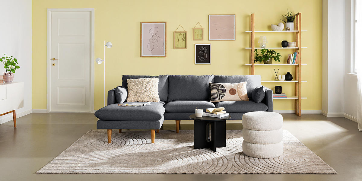 ECKSOFA mit Longchair - Webstoff - Buchefarben/Grau, Holz/Buchenholz (242/150cm) - home24