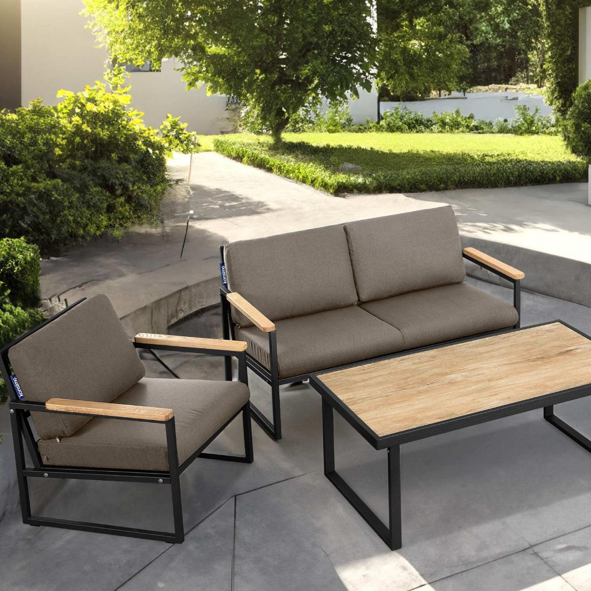 GARTENSOFA TRIBO 2-Personen ,Schwarz/Beige - Beige/Schwarz, Holz/Textil (130/65/60cm) - KONSIMO®