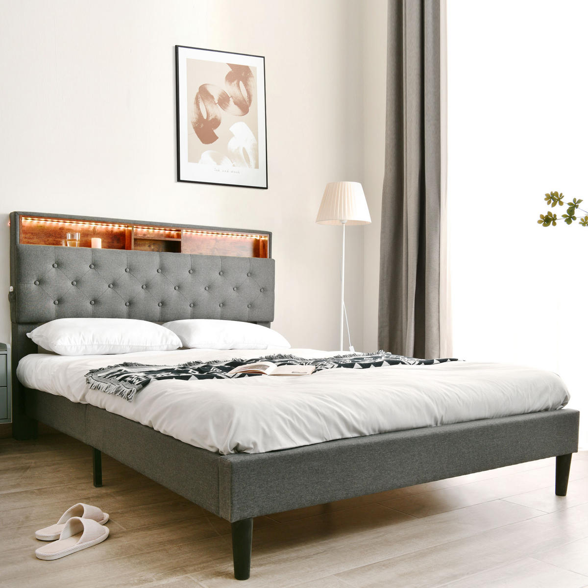 POLSTERBETT 140/200 cm mit Stauraum-Kopfteil & LED-Lichtband, Grau - Grau, Holz (140/200cm) - Redom