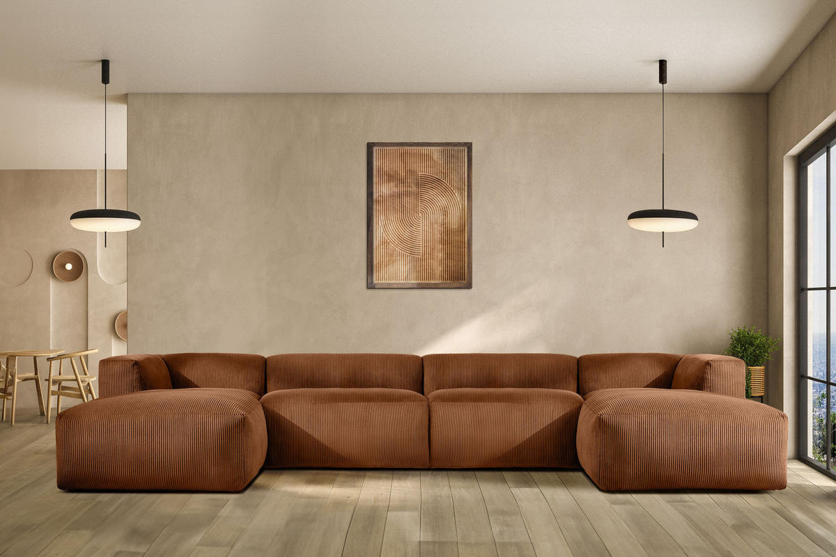 PANORAMA-ECKSOFA BUFFO 7/8 Sitzer mit extrem weicher Sitzfläche, Kordstoff, ore - Orange, Textil (424/73/180cm) - KONSIMO®