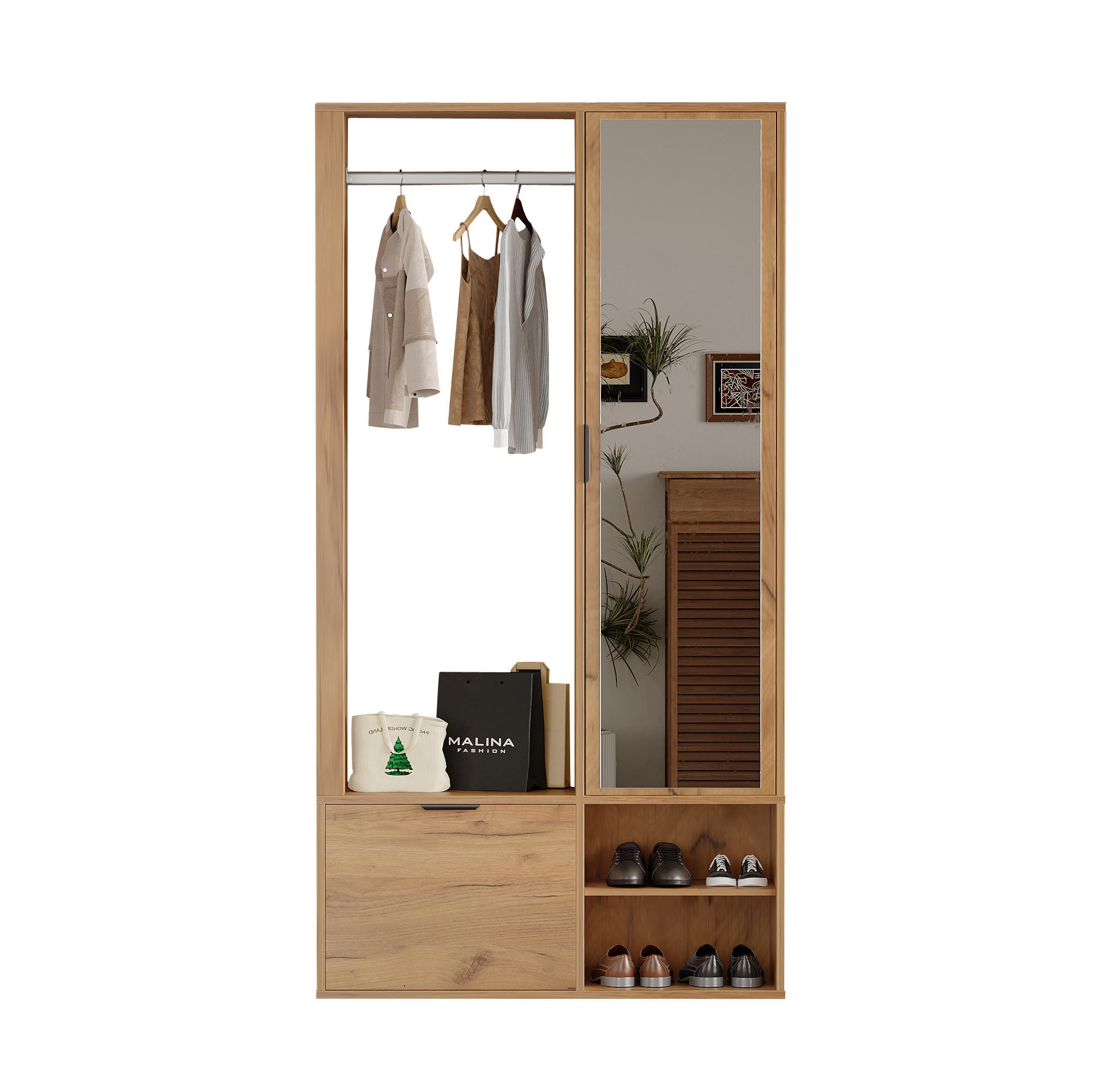 GARDEROBENSCHRANK 100/33/190 cm aus Spanplatte mit Spiegel und Kleiderstange Natur - Naturfarben, Holzwerkstoff (33/190/100cm) - Modenvie