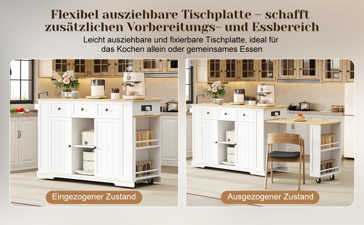 KÜCHENINSEL 138(213)/55/93 cm, ausziehbarer Esstisch, einziehbarer Bartisch, 7 Räder, verstellbare Regale - Weiß, Holzwerkstoff (138/93/55cm)