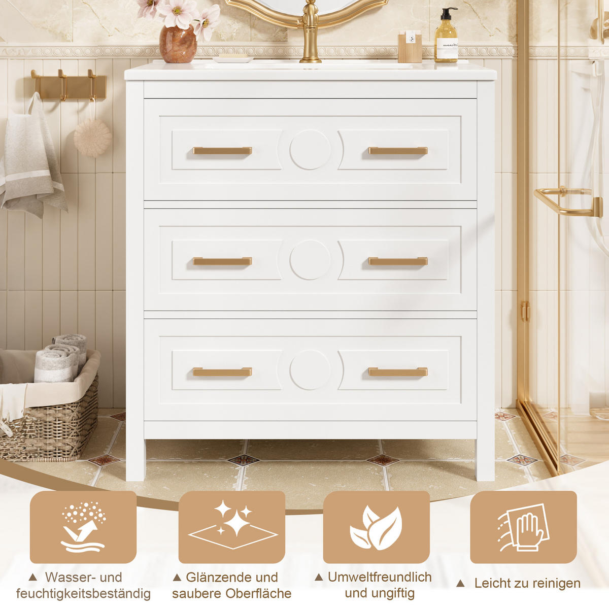 WASCHTISCHKOMBI 76.5/47/82 cm Weiß mit 3 Schubladen, ohne Wasserhahn - Goldfarben/Weiß, Holz/Holzwerkstoff (47/82/76.5cm) - Oxeza