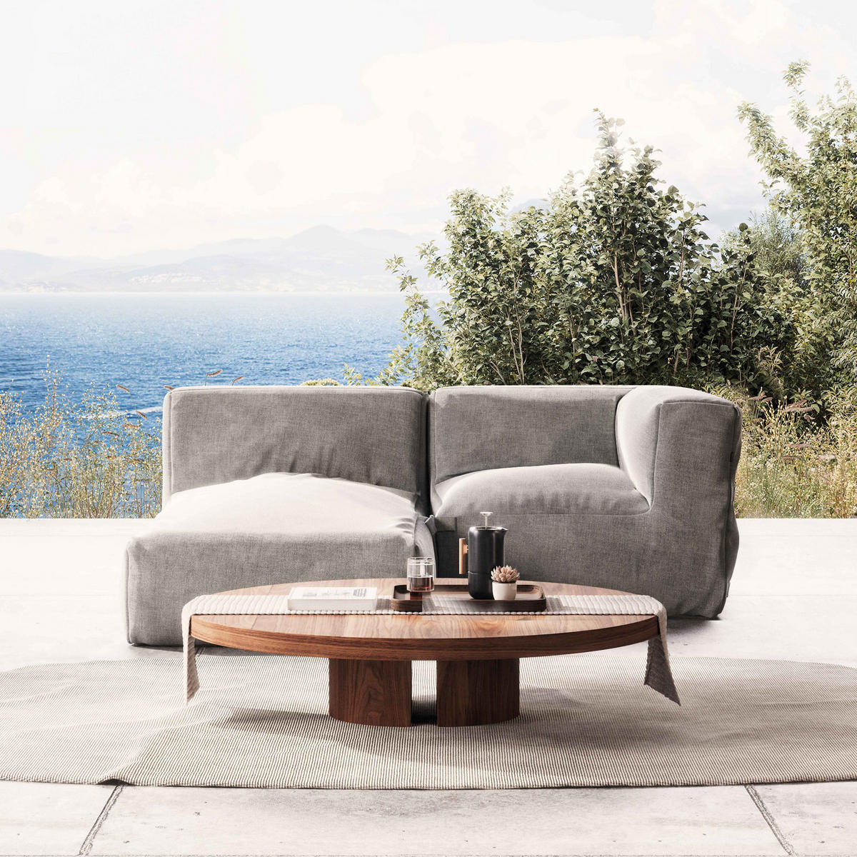 GARTENSOFA mit 2 Sitzplätzen, Grau - Grau, Textil - Oviala