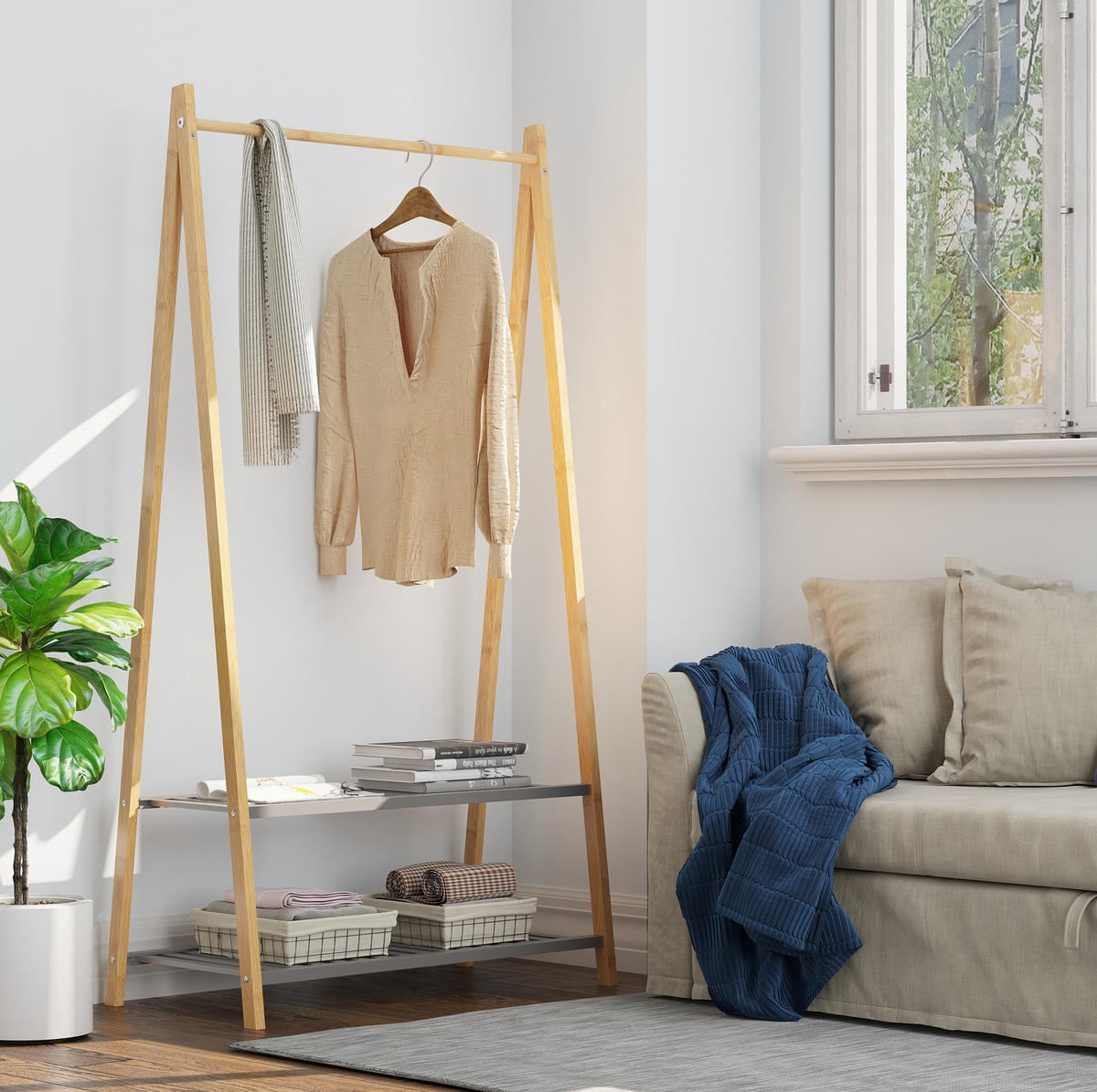 HOCHSCHRANK mit 2 offenen Fächern und Türen Bambus Natur - Braun, Holzwerkstoff (40/150/80cm) - Beauniv