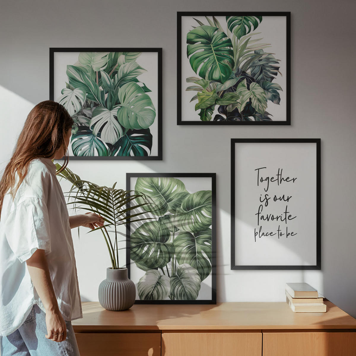 WANDBILDER 4er-Set - 50x50 cm & 40x60 cm Schwarzer Rahmen - Dekoration aus grünen tropischen Blättern - Schwarz, Kunststoff (50/50cm) - ArtPrintCave